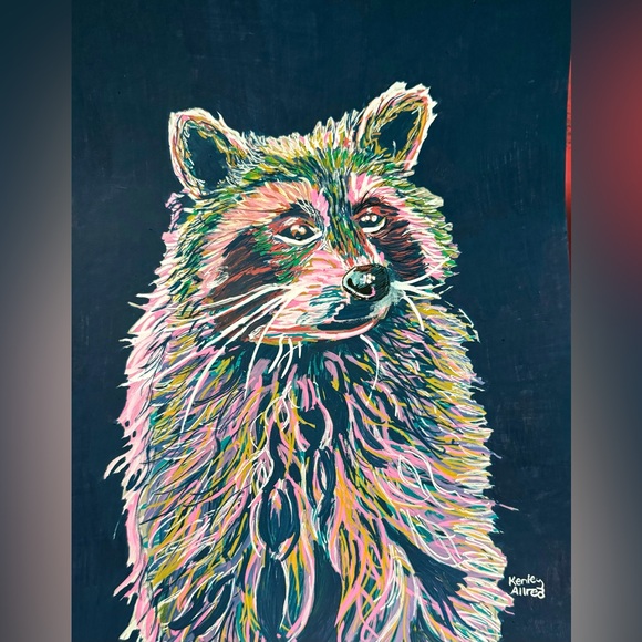 Original Multicolored Raccoon Drawing Painting Size 9”x12”